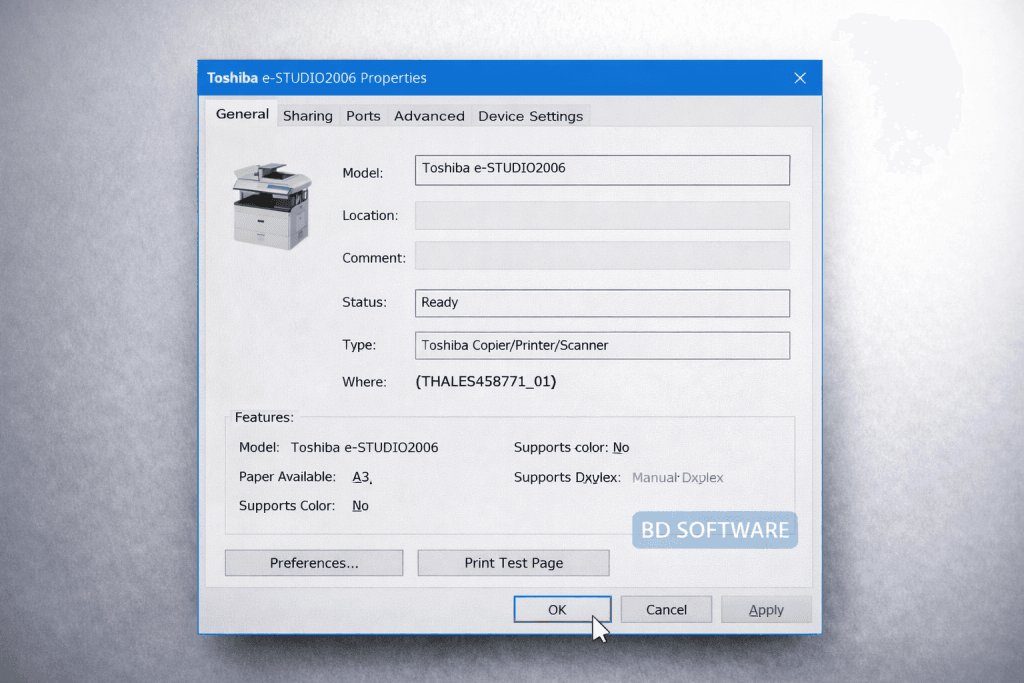 Toshiba e Studio 2006 printer properties page Windows