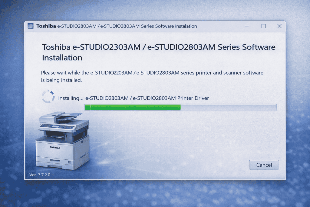 Toshiba e-Studio 2303AM / 2803AM Driver Download (Windows 11/10/7) 4 Toshiba-e-Studio-2303AM-2803AM-Printer-Driver-Installation-progress-screen
